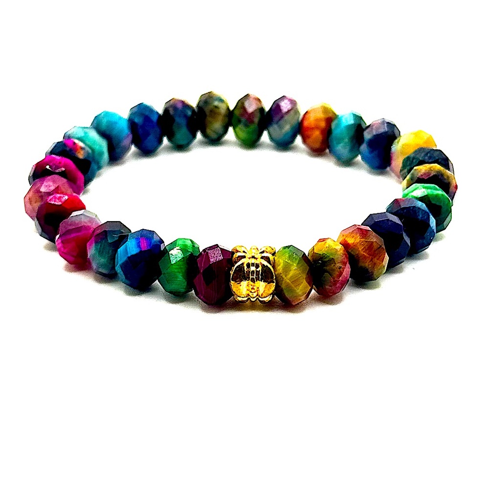 Elastic Gemstone Bracelet - Multi-colored Faceted Tiger’s Eye Beads